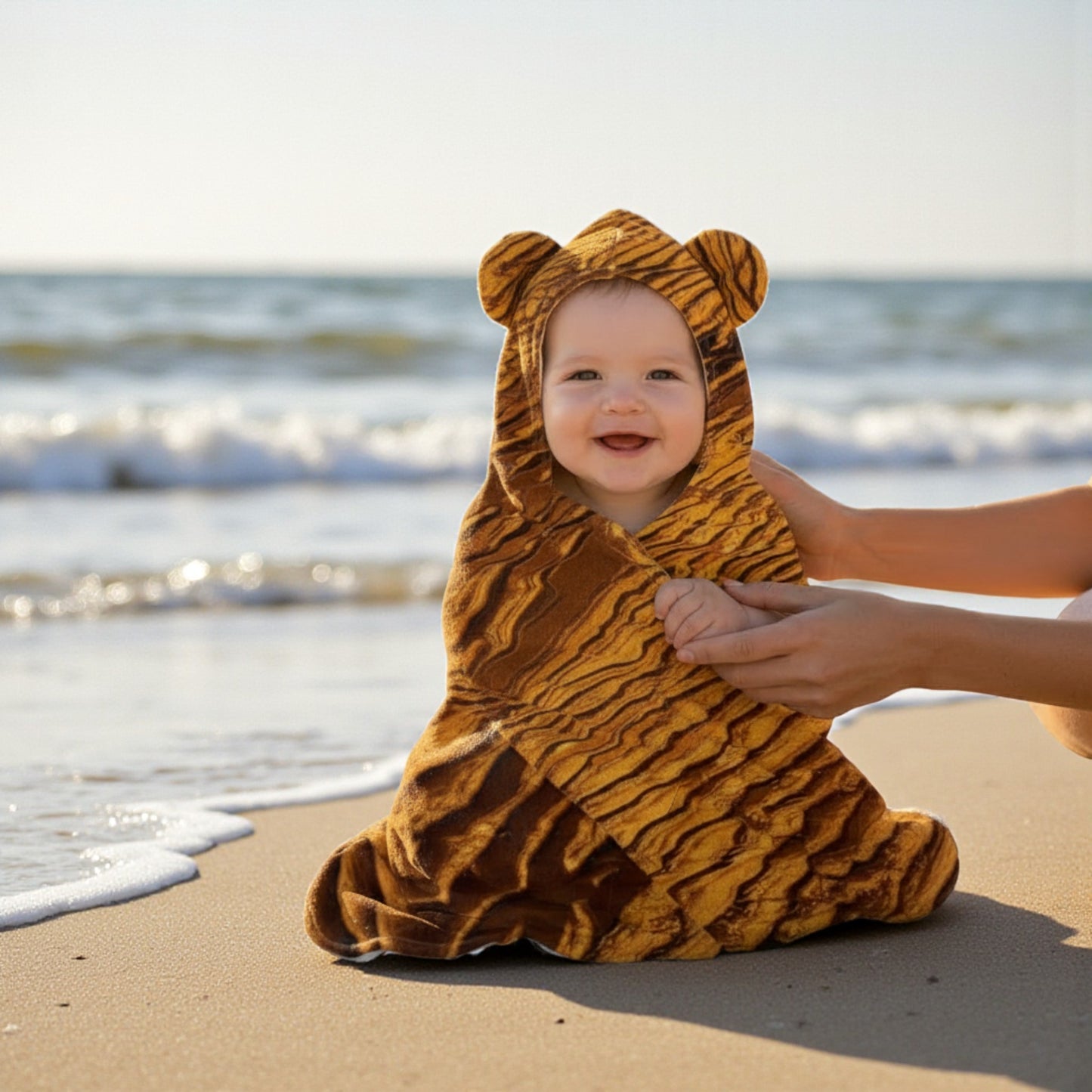 Baby in a sand-striped outfit on a beach