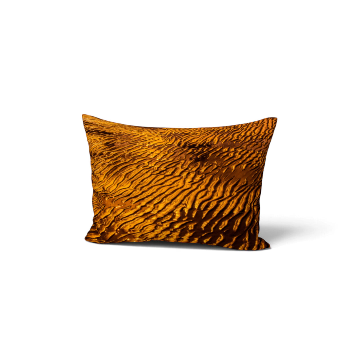 A rectangular decorative bed pillow featuring a high-contrast, textured abstract pattern of golden orange and dark brown wavy lines, shown on a clean white background with a soft shadow.