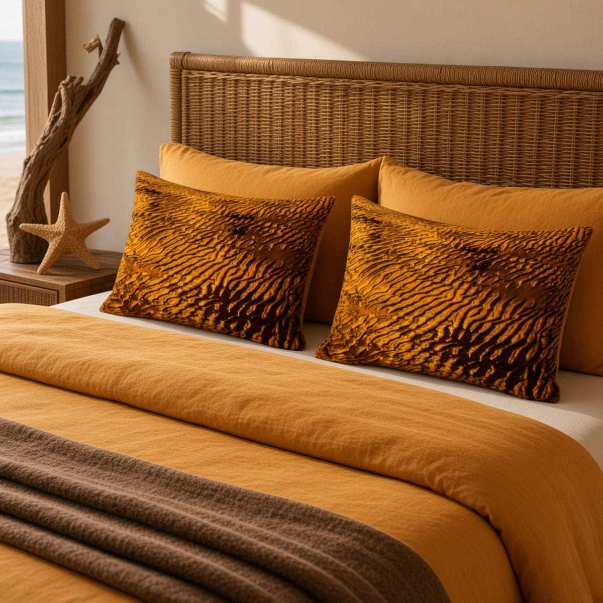 A styled bed with warm mustard yellow bedding, two textured mustard pillows, a woven rattan headboard, and a brown throw blanket in a sunlit bedroom setting.