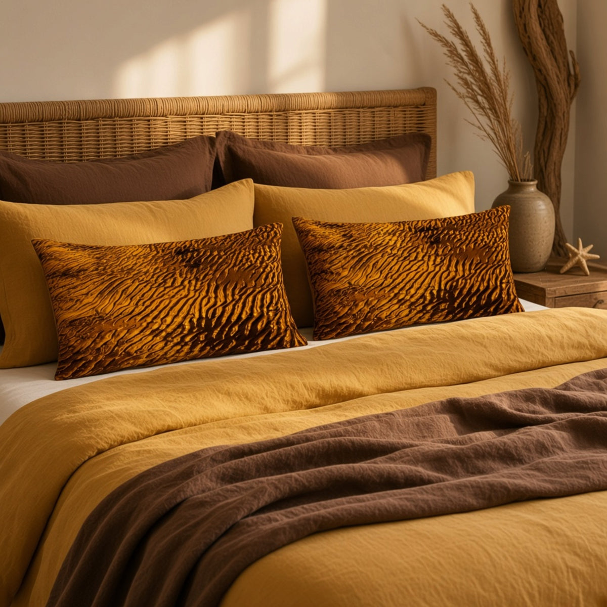 A styled bed with mustard yellow bedding, two brown textured throw pillows, a brown blanket draped across the foot, a woven headboard, and warm natural light in a bedroom setting.