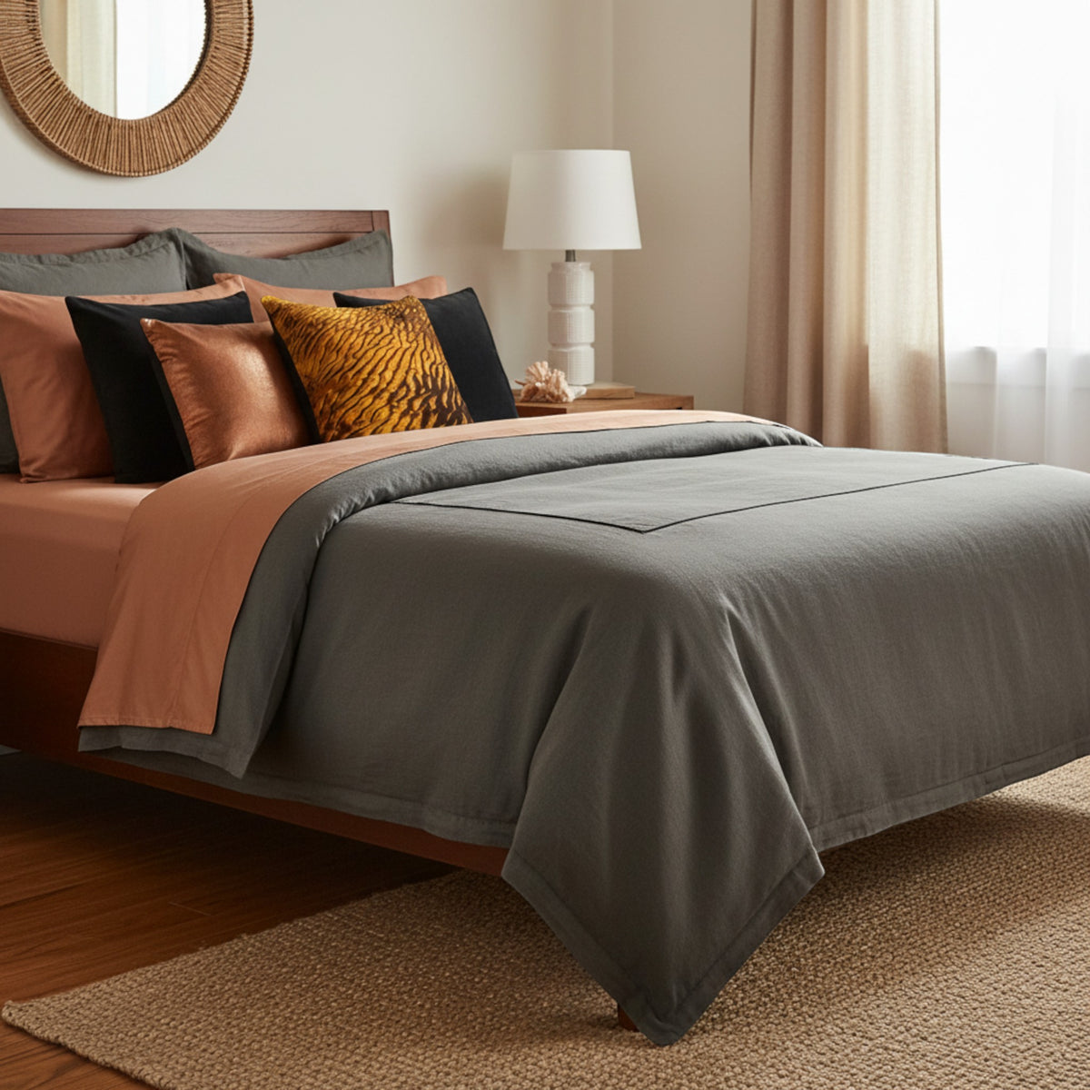A neatly made bed in a softly lit bedroom, dressed with a gray comforter or duvet layered over peach and black bedding, plus accent pillows. A wooden headboard, white table lamp, round mirror, curtains, and woven rug are visible.