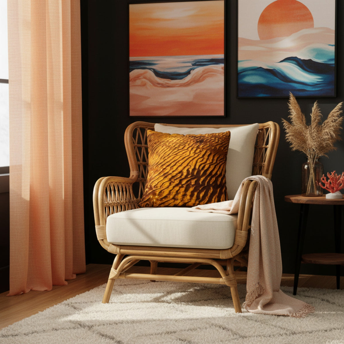 A woven rattan armchair with cream cushions and a textured mustard-gold throw pillow, styled in a modern living room setting with a beige throw blanket, framed abstract wall art, and peach curtains.
