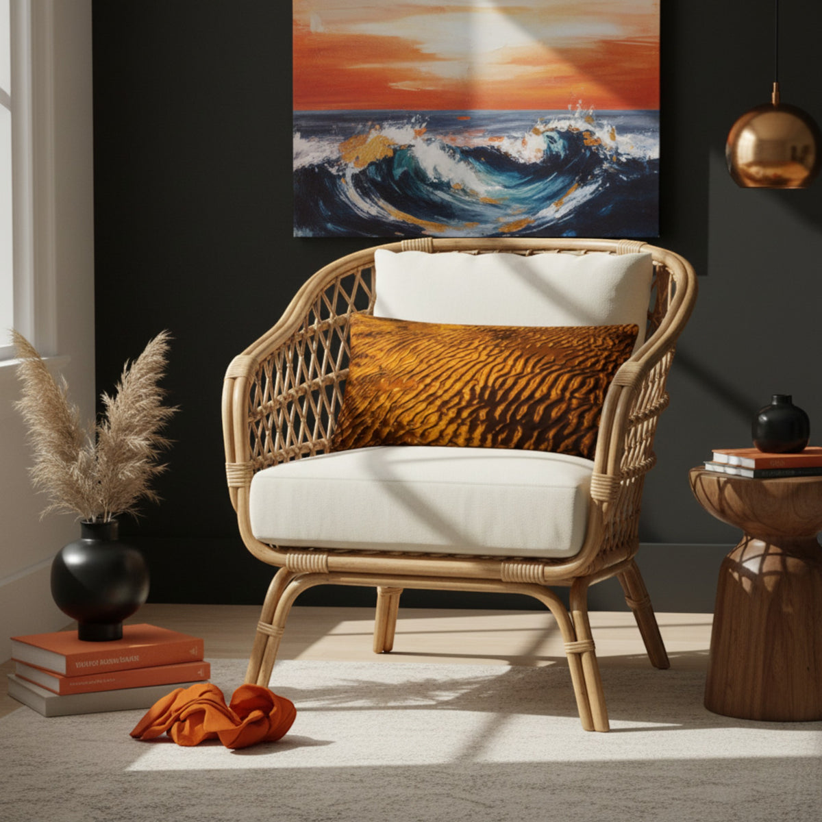 Sand pillow on a rattan chair.