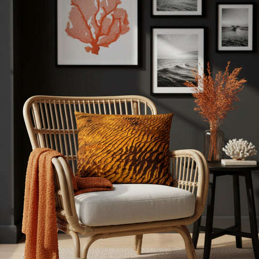 Rattan Chair in a black and white with coral shades.