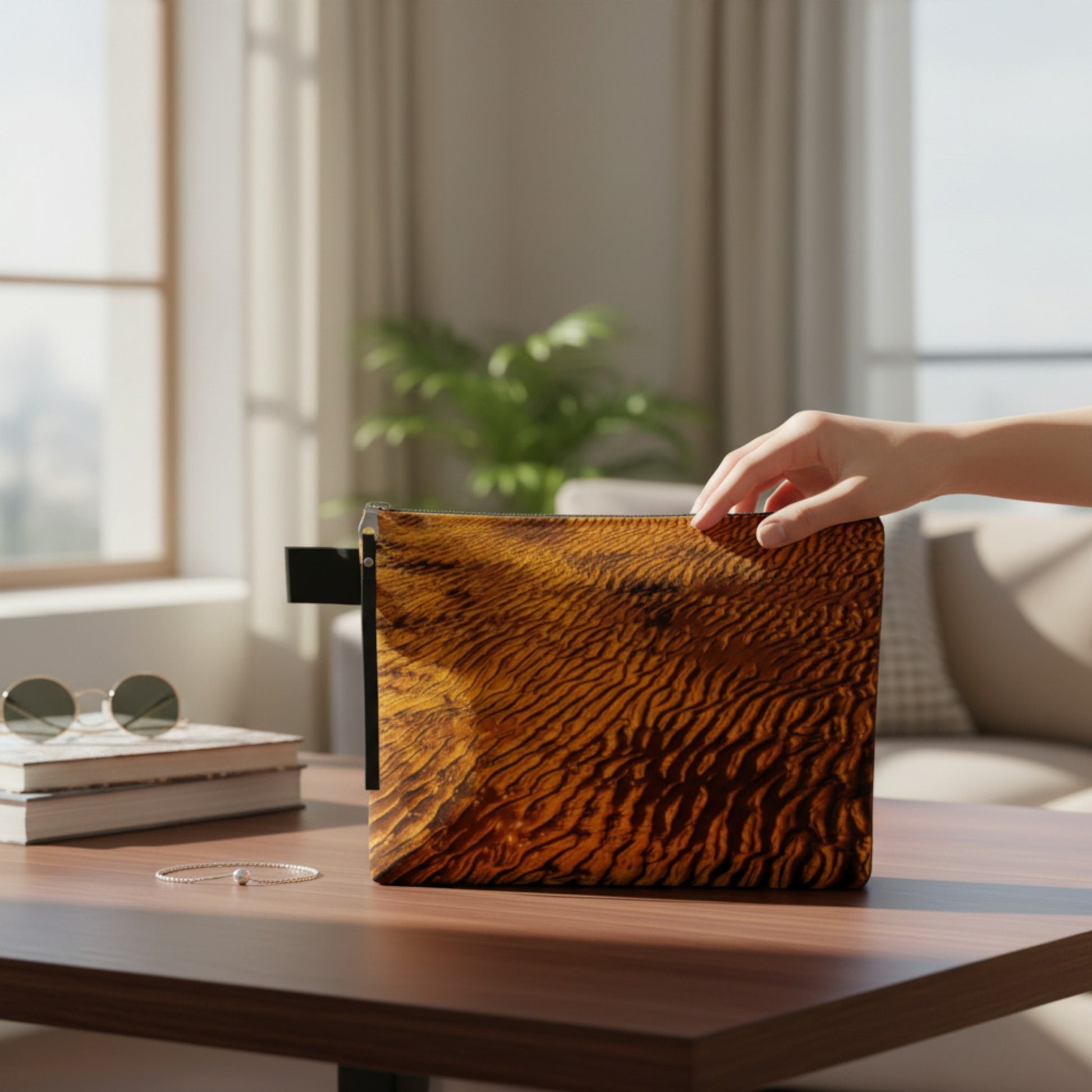 Person holding the golden sand adventure tote on a coffee table in a livingrooom.