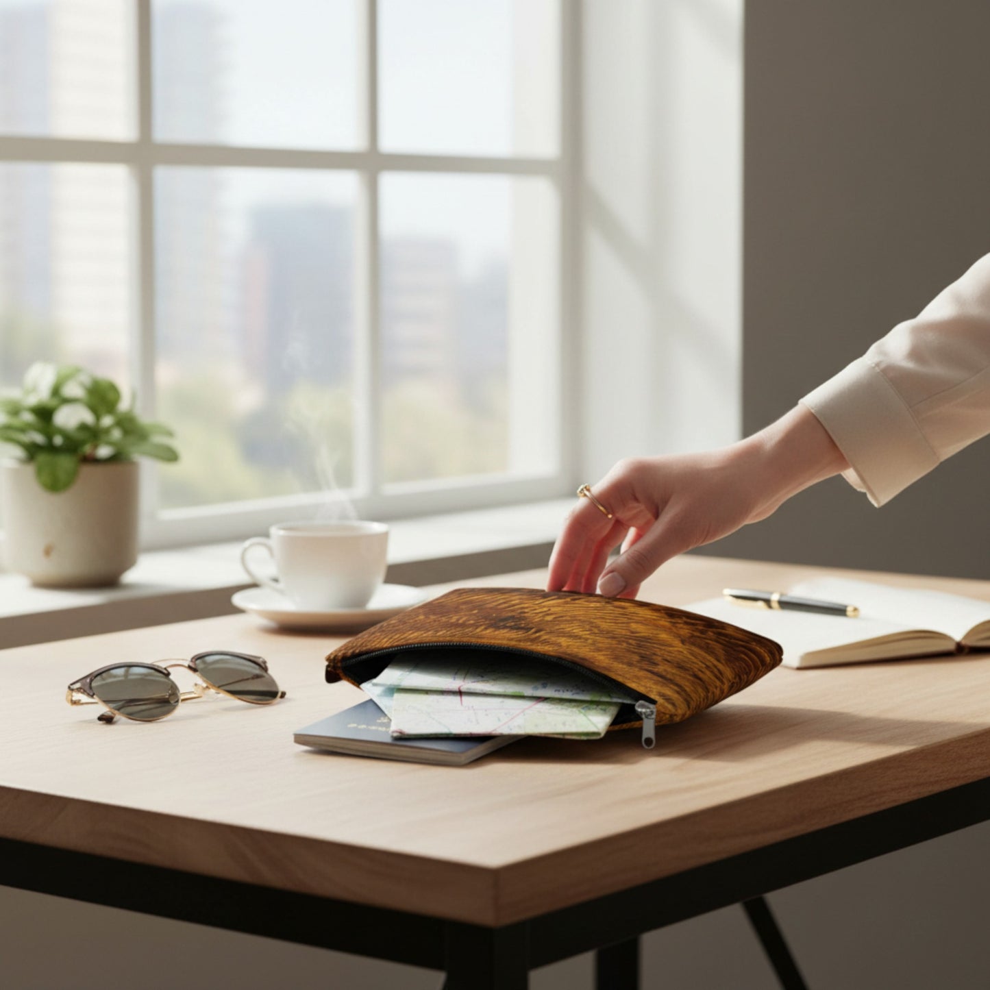 Person placing the Golden Sand Adventure Tote on a desk.