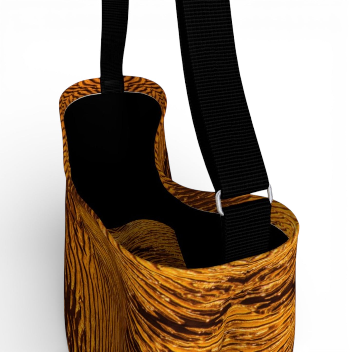Brown textured bag with a black strap on a white background