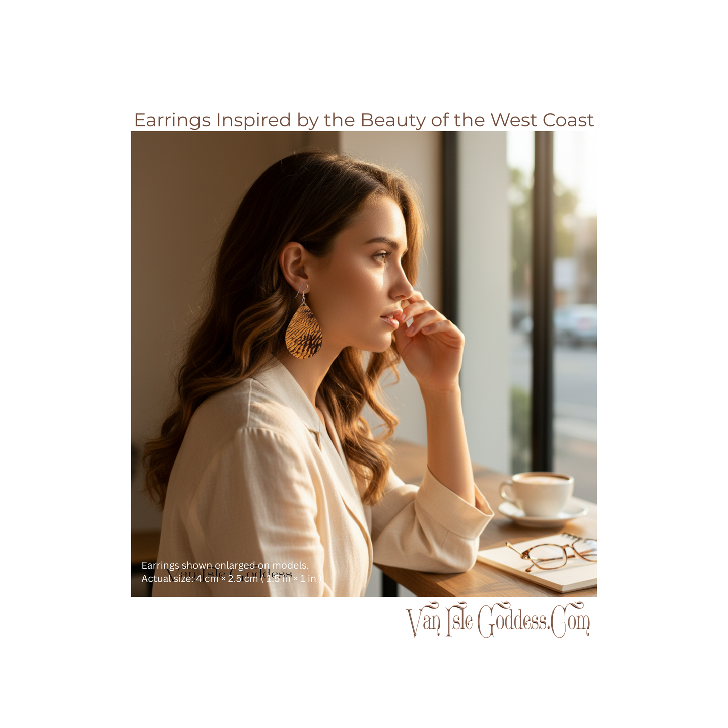 Woman wearing earrings inspired by the beauty of the West Coast, sitting at a table with a cup of coffee.