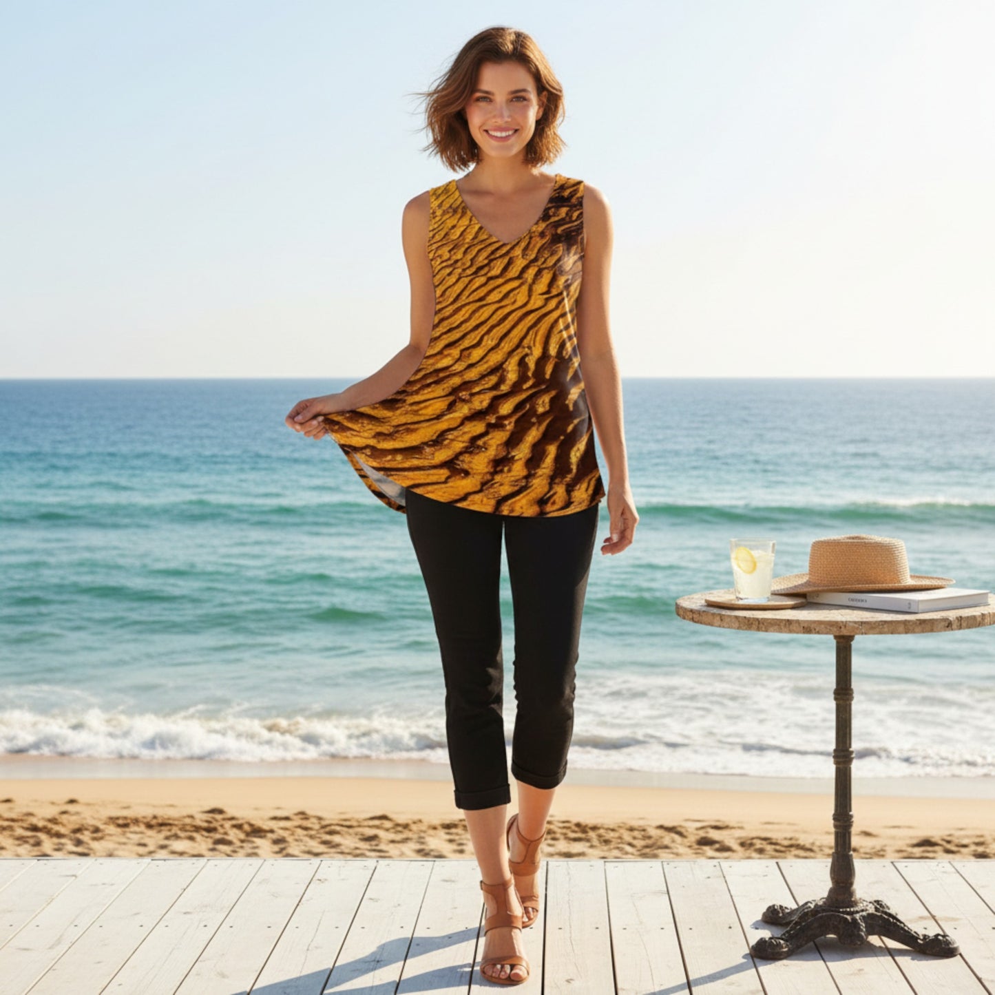 Woman in a sand design tank standing on a beach with ocean view