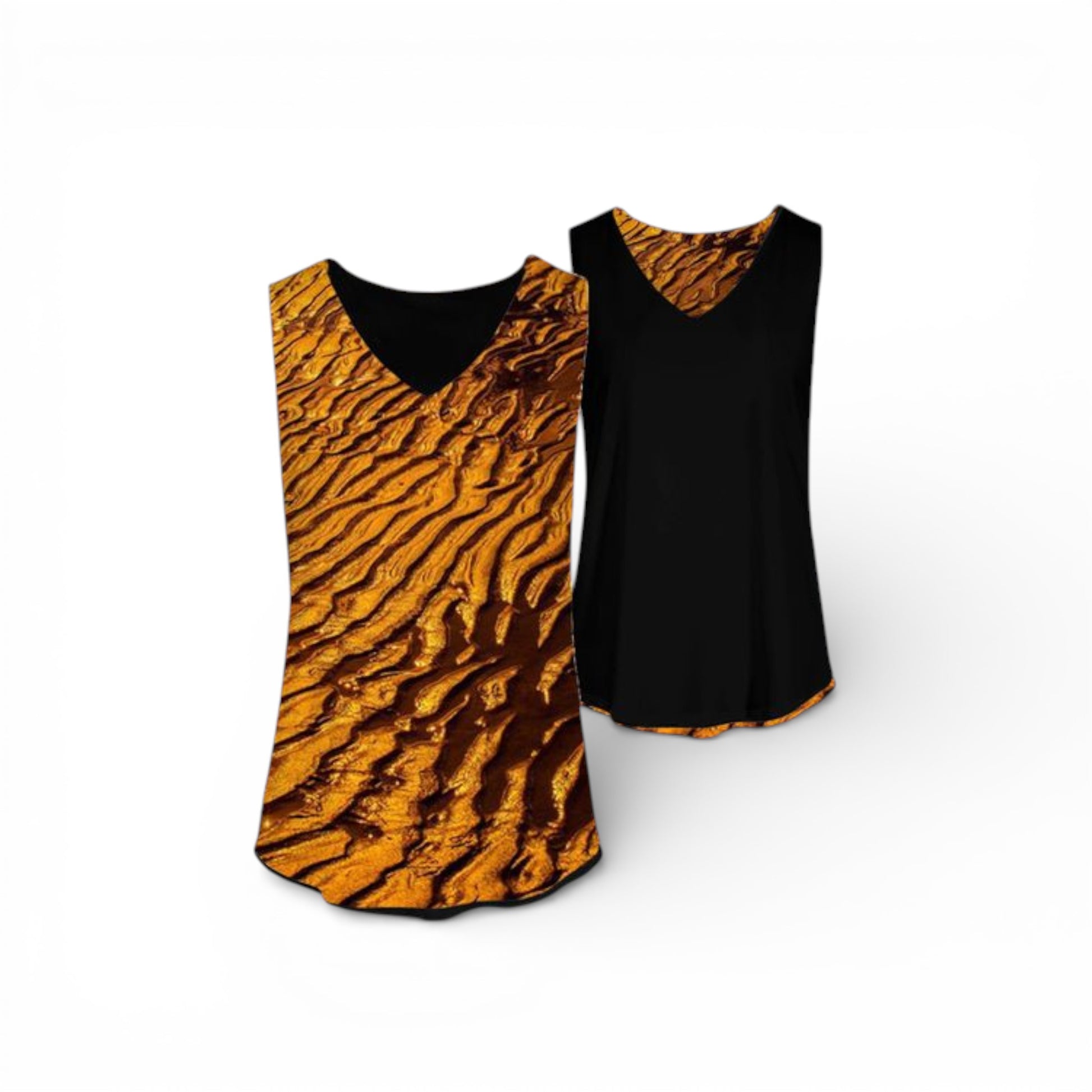 Two tank tops, one with a sand pattern and the other black, on a white background.