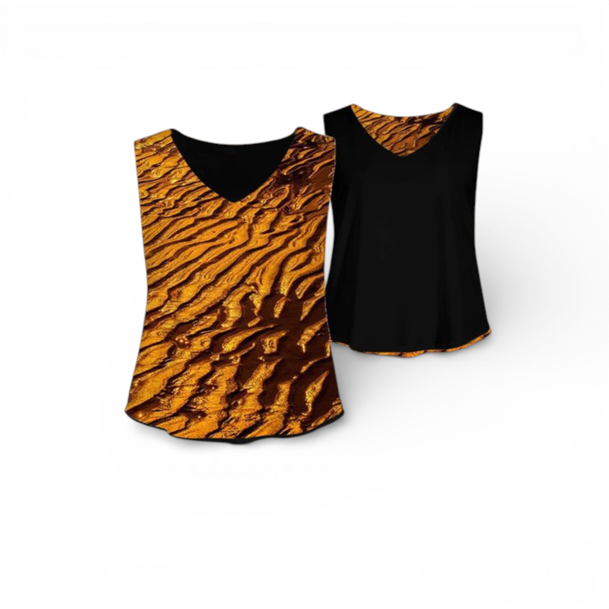 Two tank tops, one with a sand pattern and the other black, on a white background.