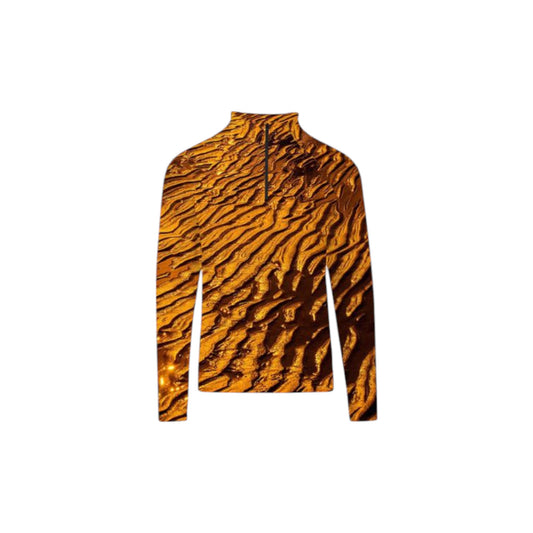 All over print men's activewear image is of a sunset casting its golden glow over the sand at low tide.