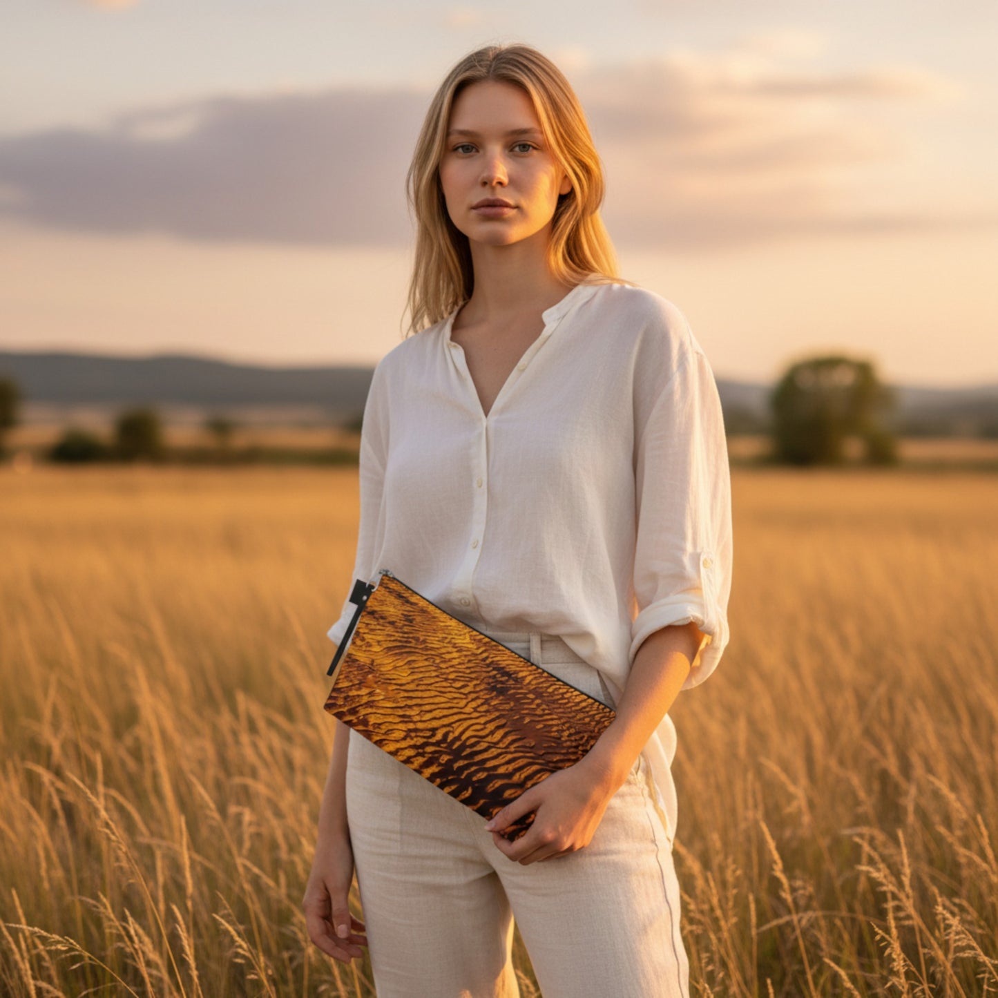 Woman holding a clutch in a field during sunset