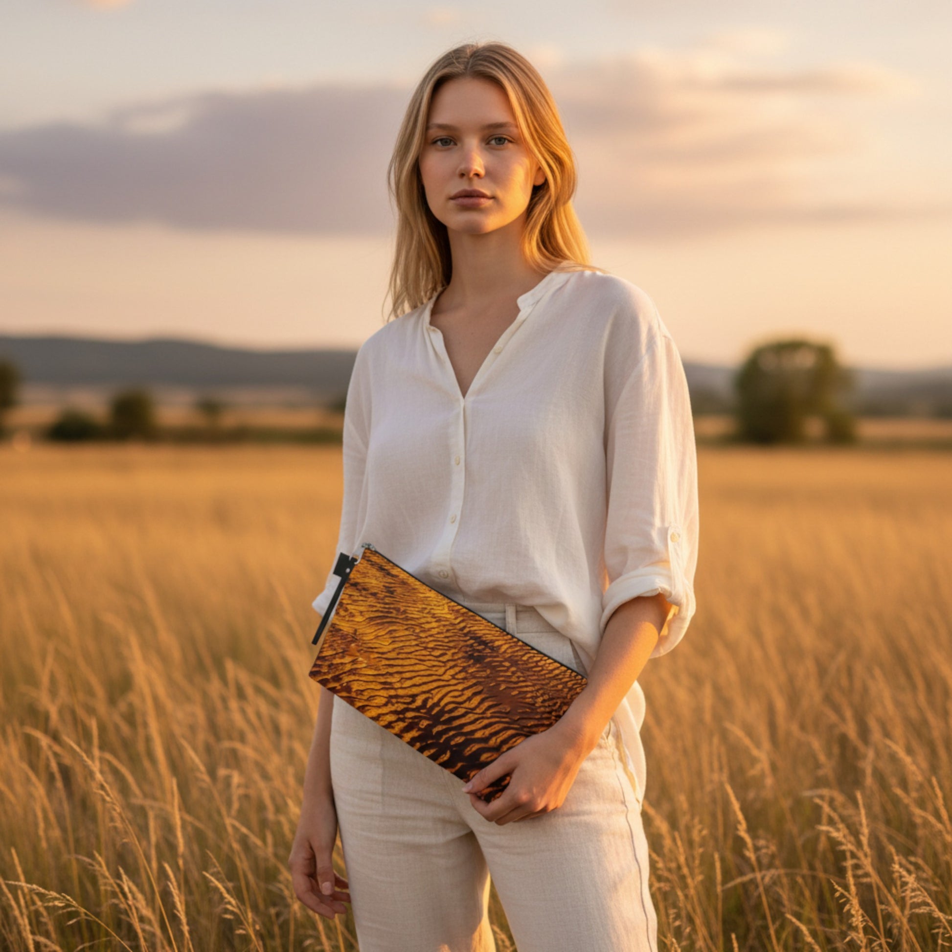 Woman holding a clutch in a field during sunset