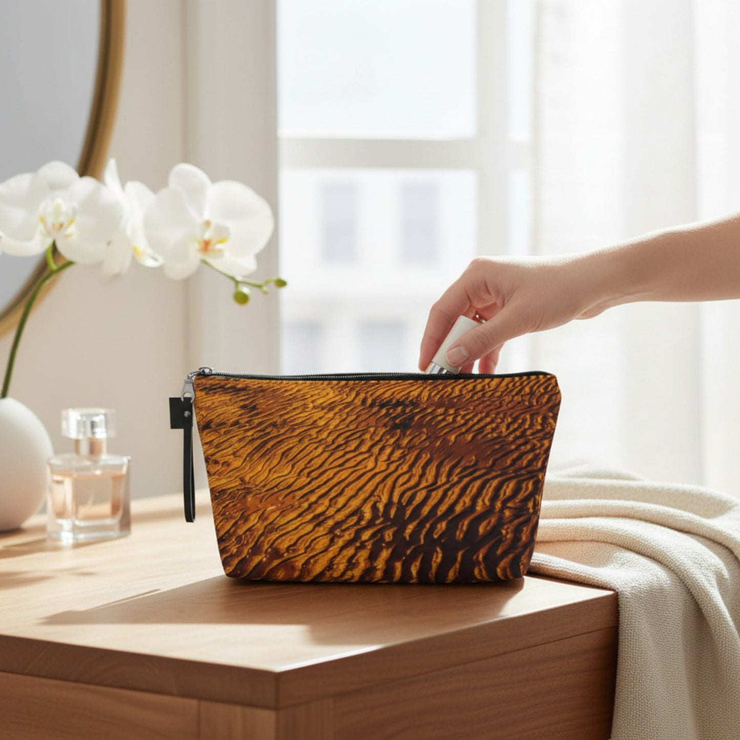 Handbag with sand stripe pattern on a wooden surface with a blurred background