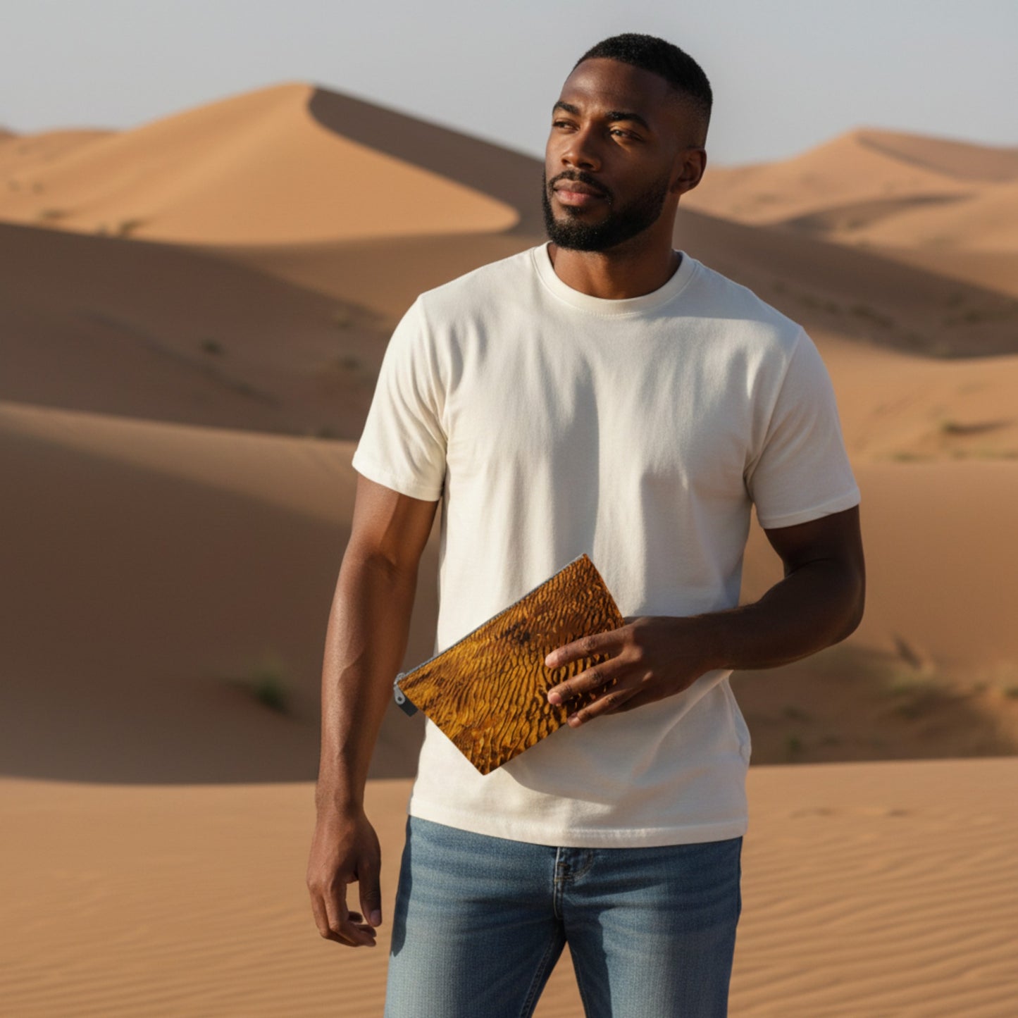 Man holding a clutch in a desert setting
