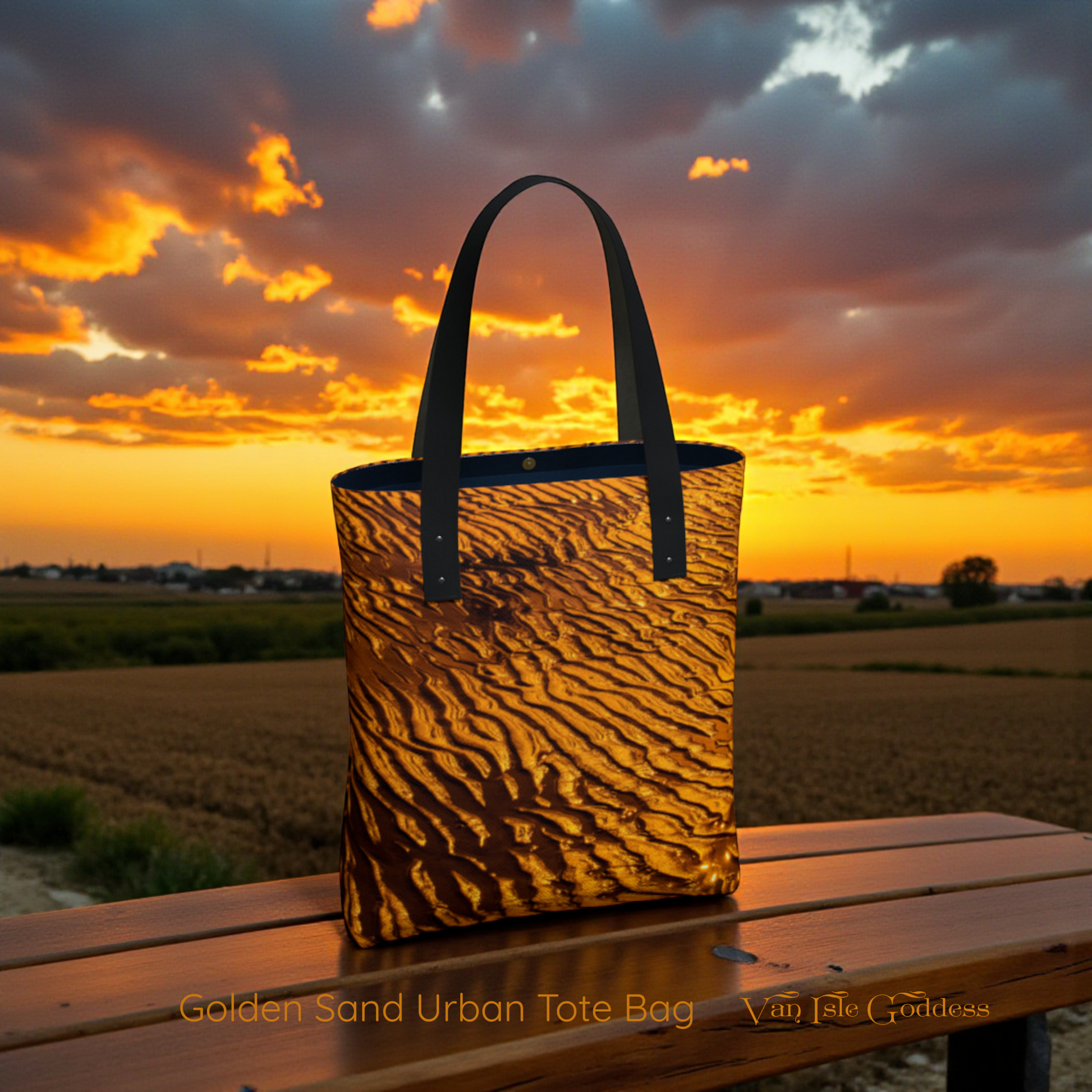 Tote bag with sand texture design on a wooden surface against a sunset sky