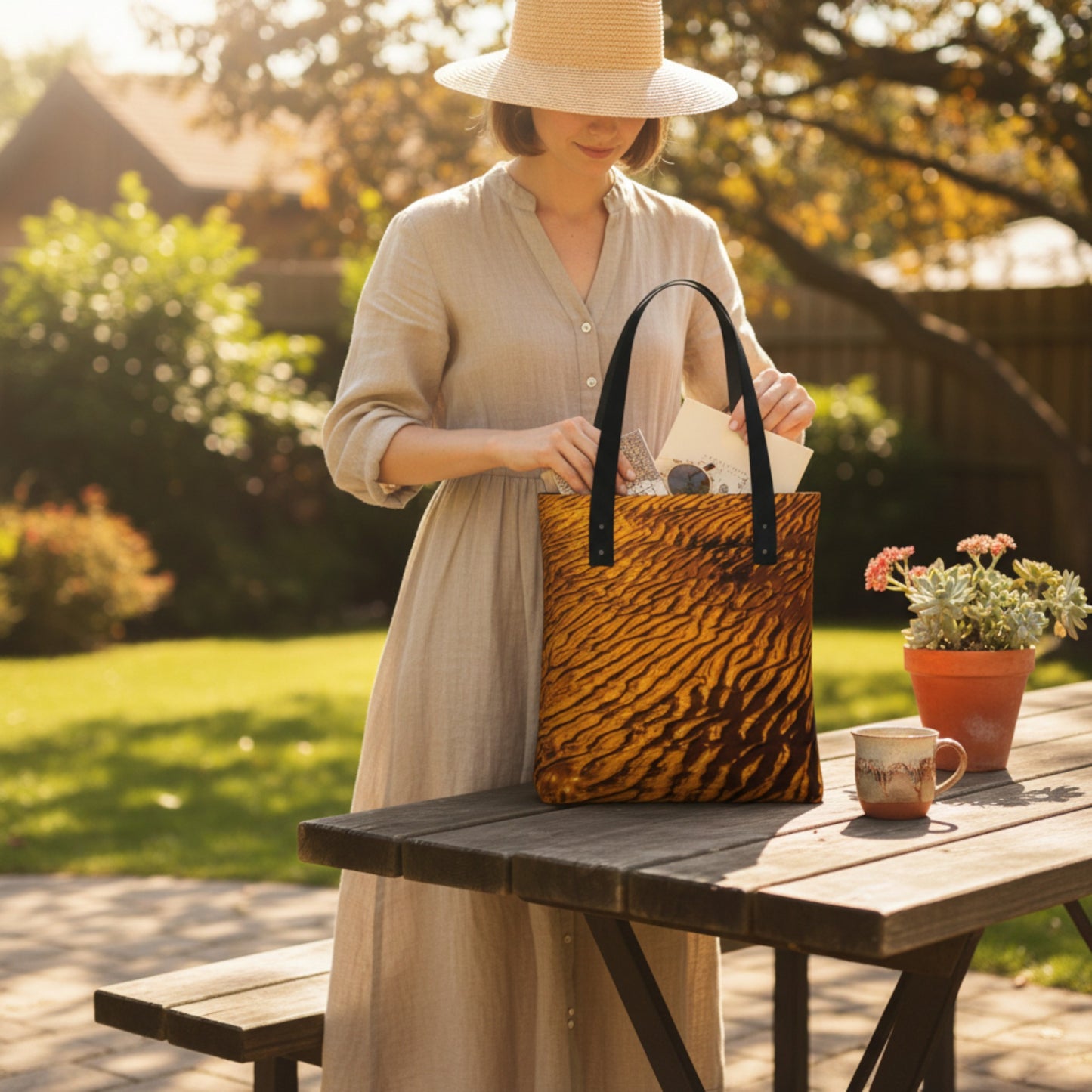 Woman in a garden holding a sand at low tide  bag with a table and plants in the foreground