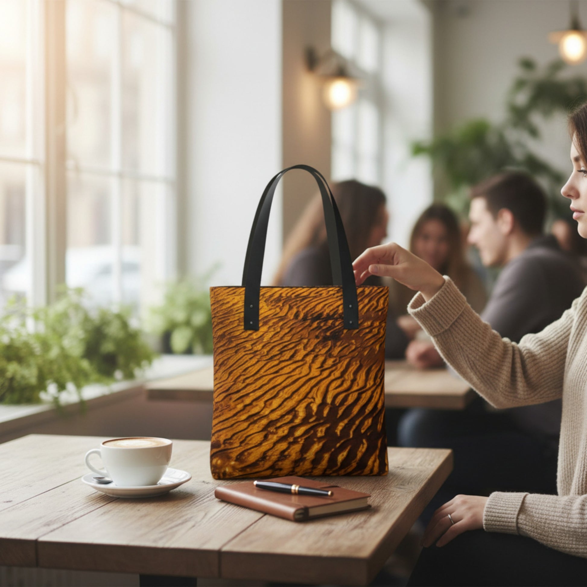 Person sitting at a table with a sand-patterned handbag, coffee, and notebook.