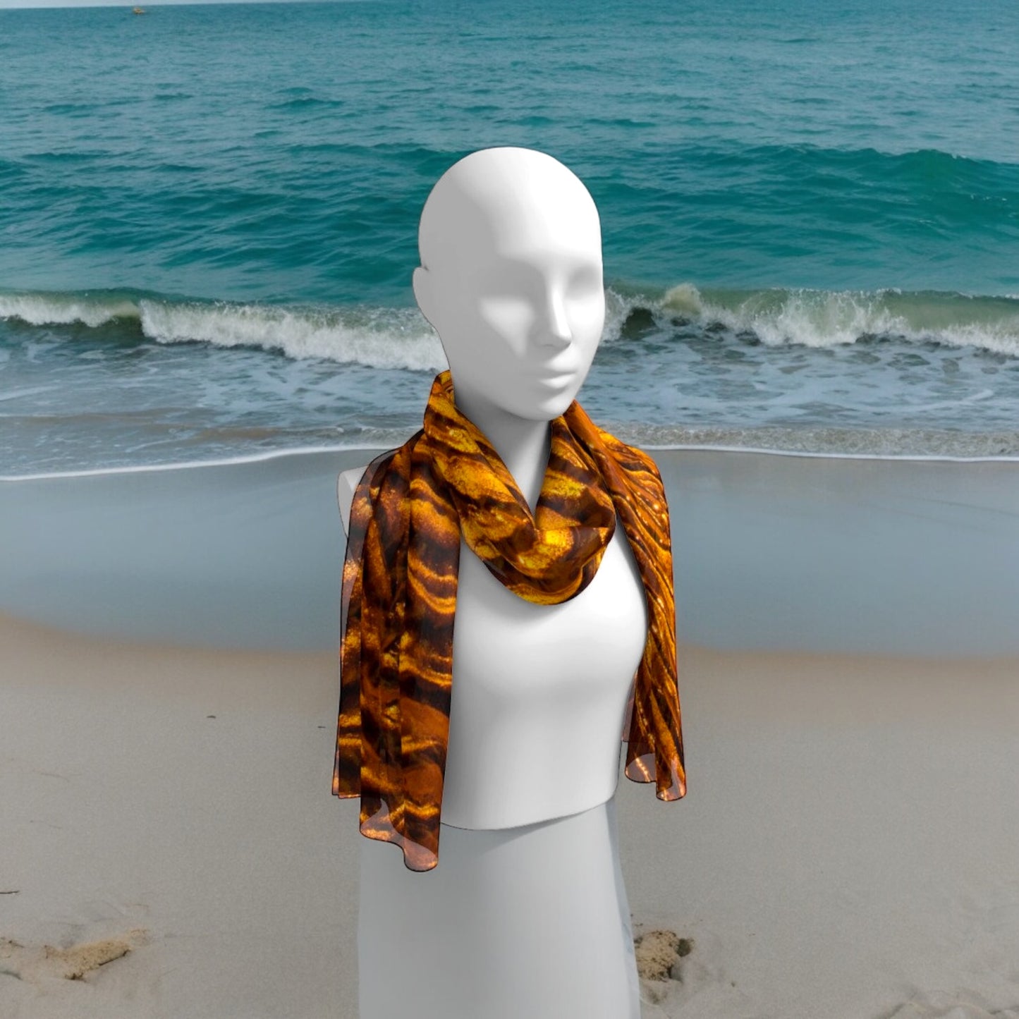 Golden Sand Long Scarf worn around the neck