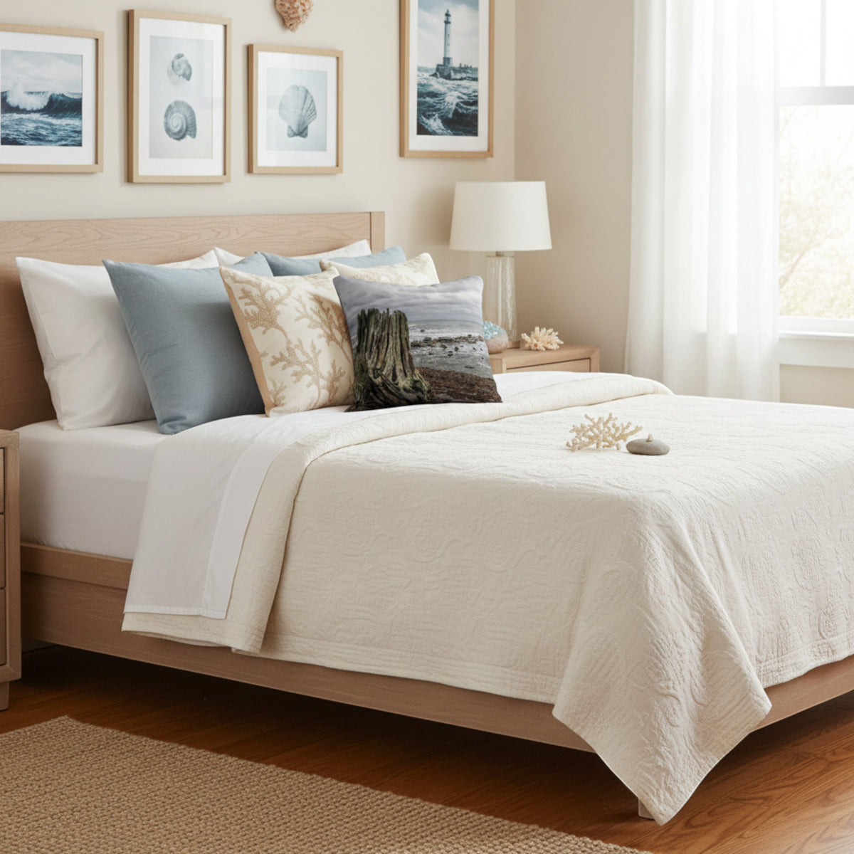 Beach Theme pillow on a comfortable looking bed.