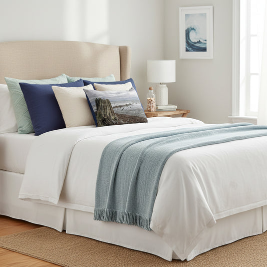 A neatly made bed in a bright bedroom setting, dressed in white bedding with a light blue throw blanket draped across the foot. The bed is styled with multiple pillows, including a blue pillow, a beige pillow, and a square pillow featuring a coastal landscape print.