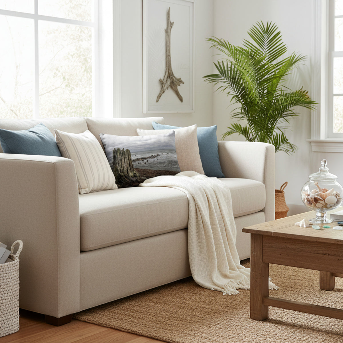 A cream-colored fabric sofa in a bright, modern living room setting, styled with blue and beige throw pillows and a cream knit blanket, next to a wooden coffee table and a potted palm plant.