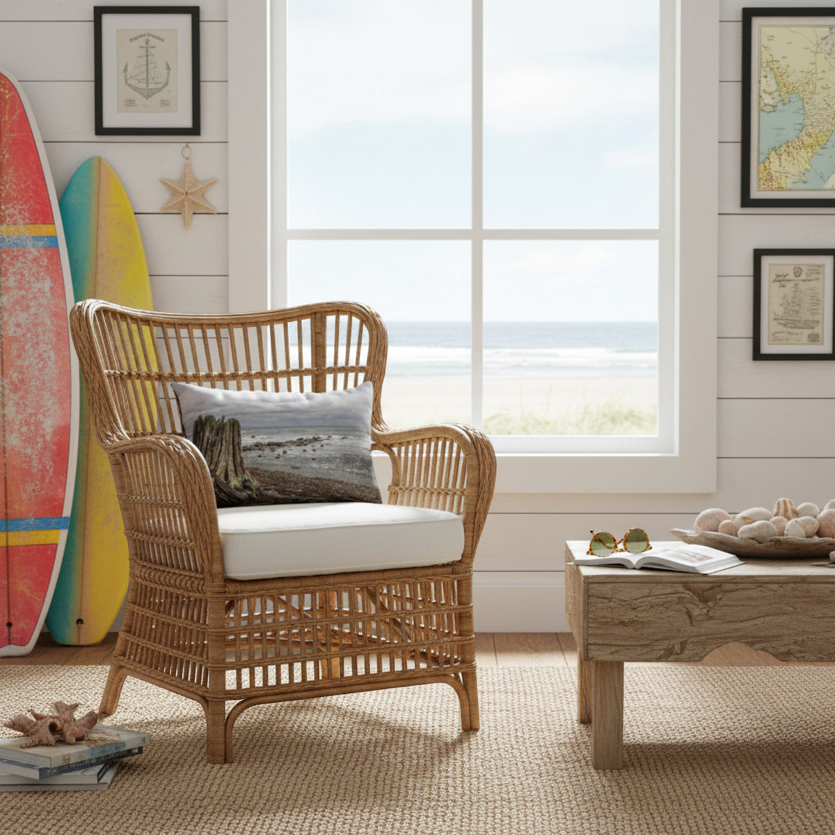 A tall woven rattan armchair with a white cushion sits in a bright beach-themed room with a window showing the ocean view, a wooden coffee table, surfboards, and framed wall art.