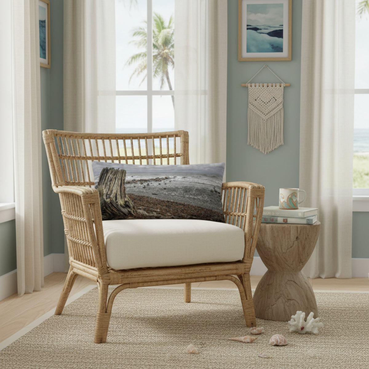 A throw pillow with a beach and ocean scene, featuring a large driftwood log on a sandy beach with a cloudy sky in the background.