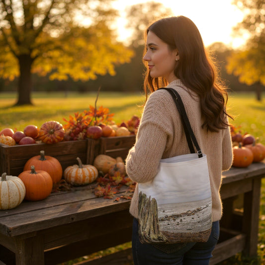 Woman with a tote bag standing in an autumn setting with pumpkins and fruits.