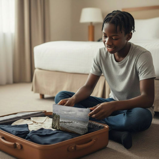Person packing a suitcase with a scenic photo in a bedroom setting