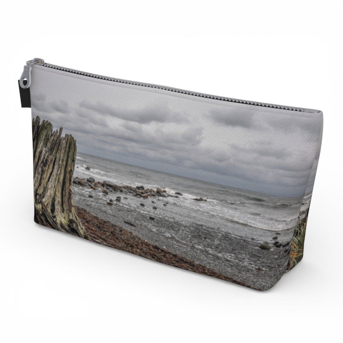 Gray Day Qualicum Beach Makeup Travel Bag: Serene Coastal Landscape Cosmetic Case