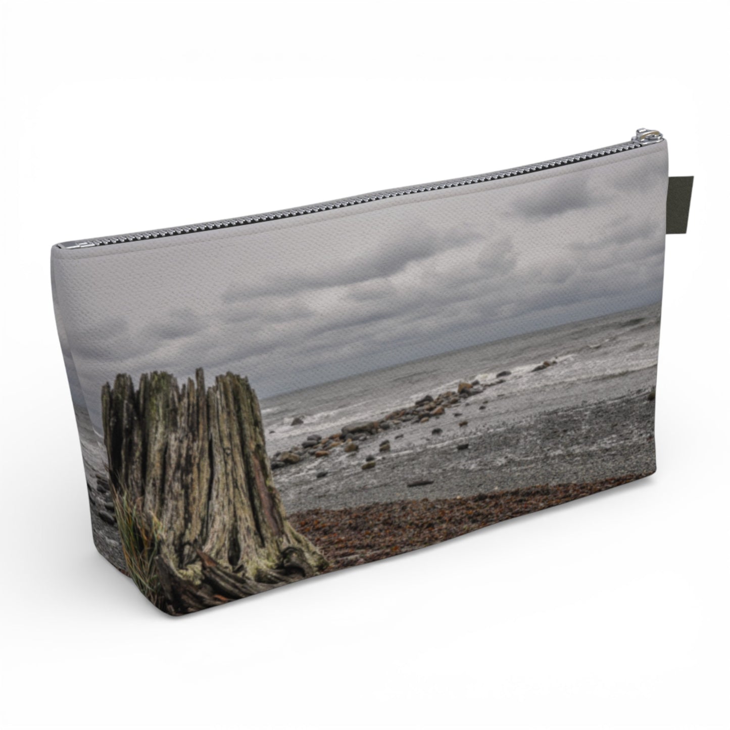 Gray Day Qualicum Beach Makeup Travel Bag: Serene Coastal Landscape Cosmetic Case