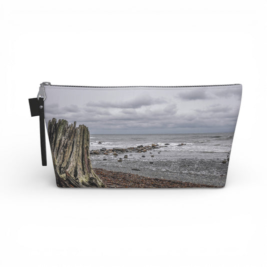 Gray Day Qualicum Beach Makeup Travel Bag: Serene Coastal Landscape Cosmetic Case