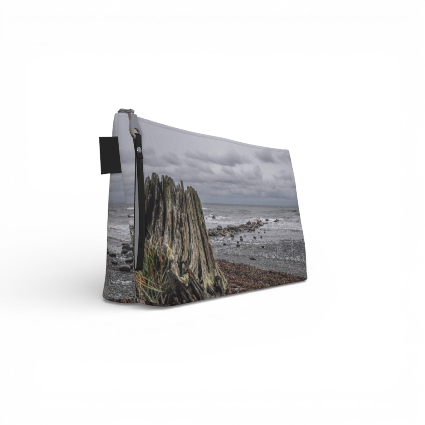 Gray Day Qualicum Beach Makeup Travel Bag: Serene Coastal Landscape Cosmetic Case