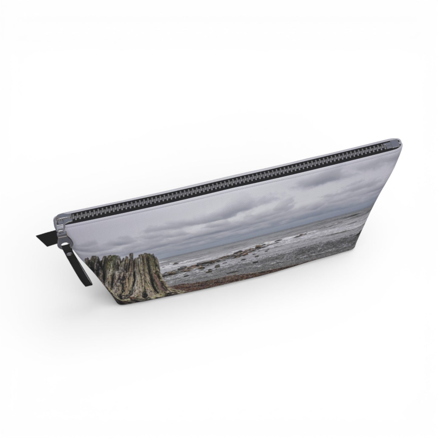 Gray Day Qualicum Beach Makeup Travel Bag: Serene Coastal Landscape Cosmetic Case