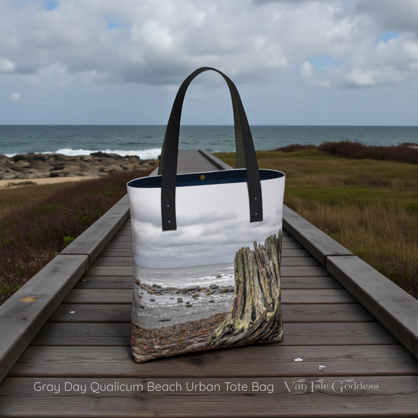 Gray Day Qualicum Beach Urban Tote Bag on a wooden boardwalk with ocean view