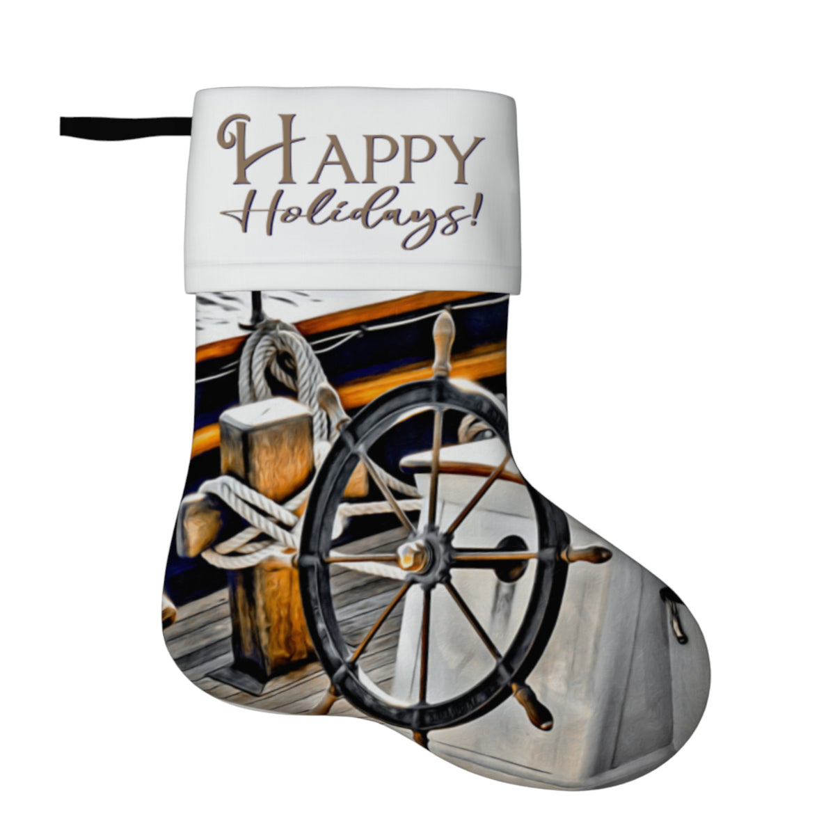 A Christmas stocking with a white cuff printed with 'Happy Holidays!' in brown script, and the body featuring a nautical ship wheel and wooden deck illustration.