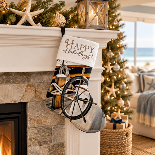 A nautical-themed Christmas stocking hangs from a white fireplace mantel in a cozy living room. The stocking features a printed design with a ship's wheel, a lantern, and the words 'Happy Holidays!' in script.