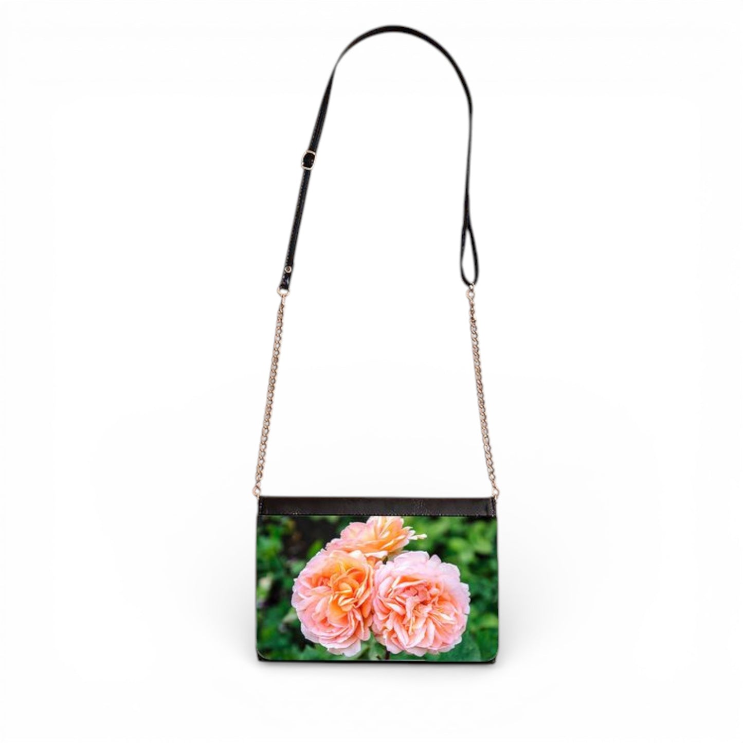 Floral-themed handbag with a chain strap on a white background