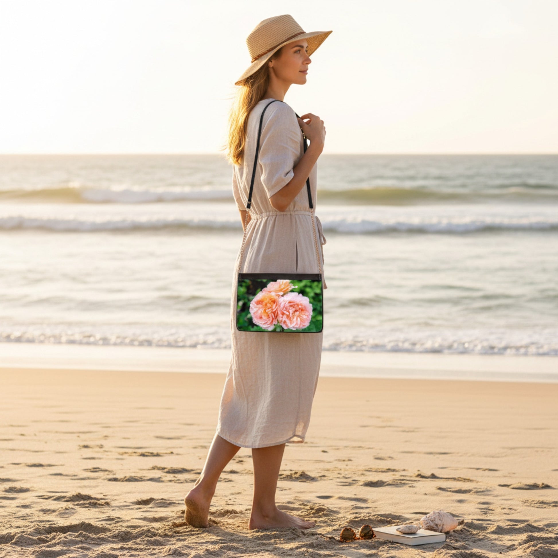 Woman on a beach holding a handbag with floral design