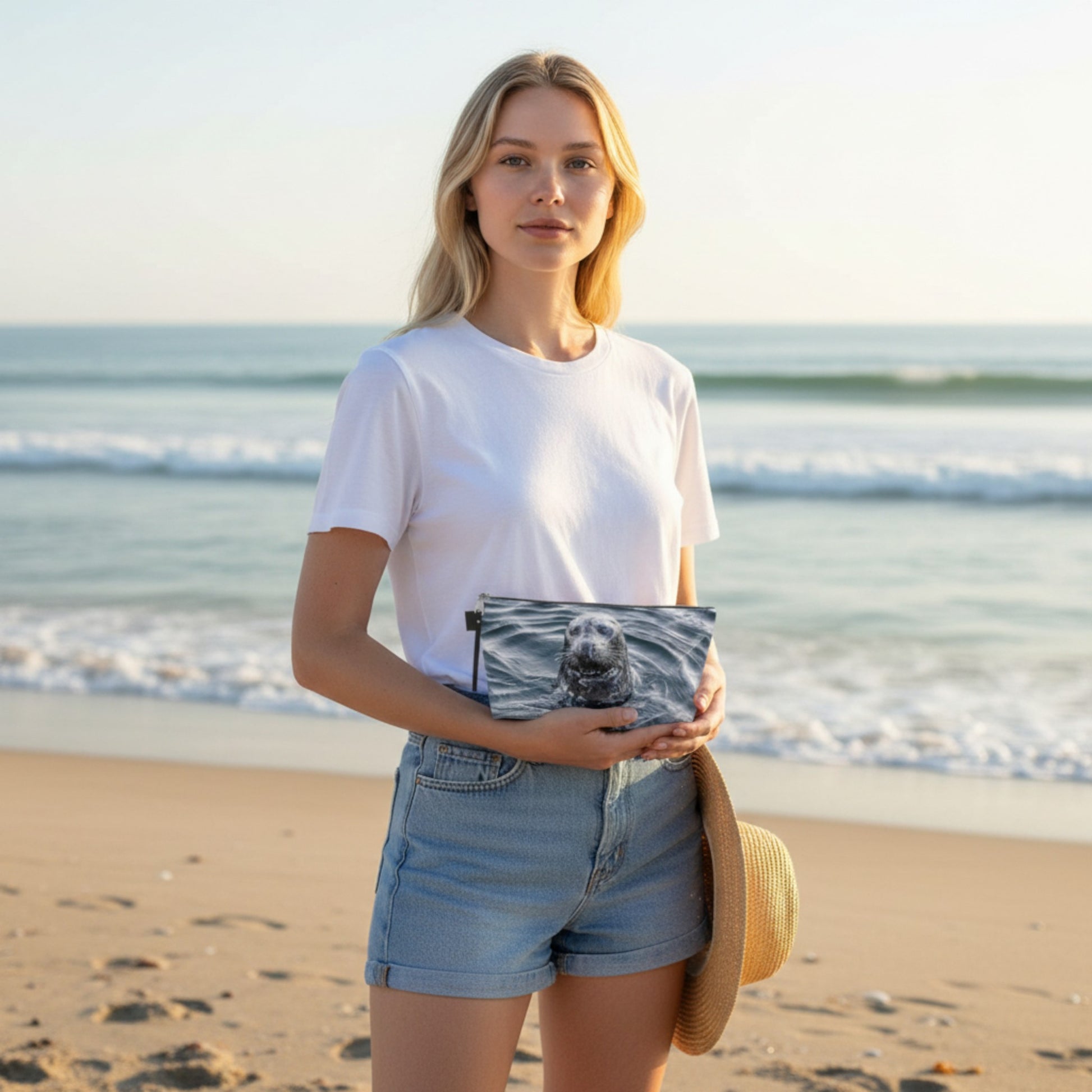 Woman holding a clutch with a seal design on a beach