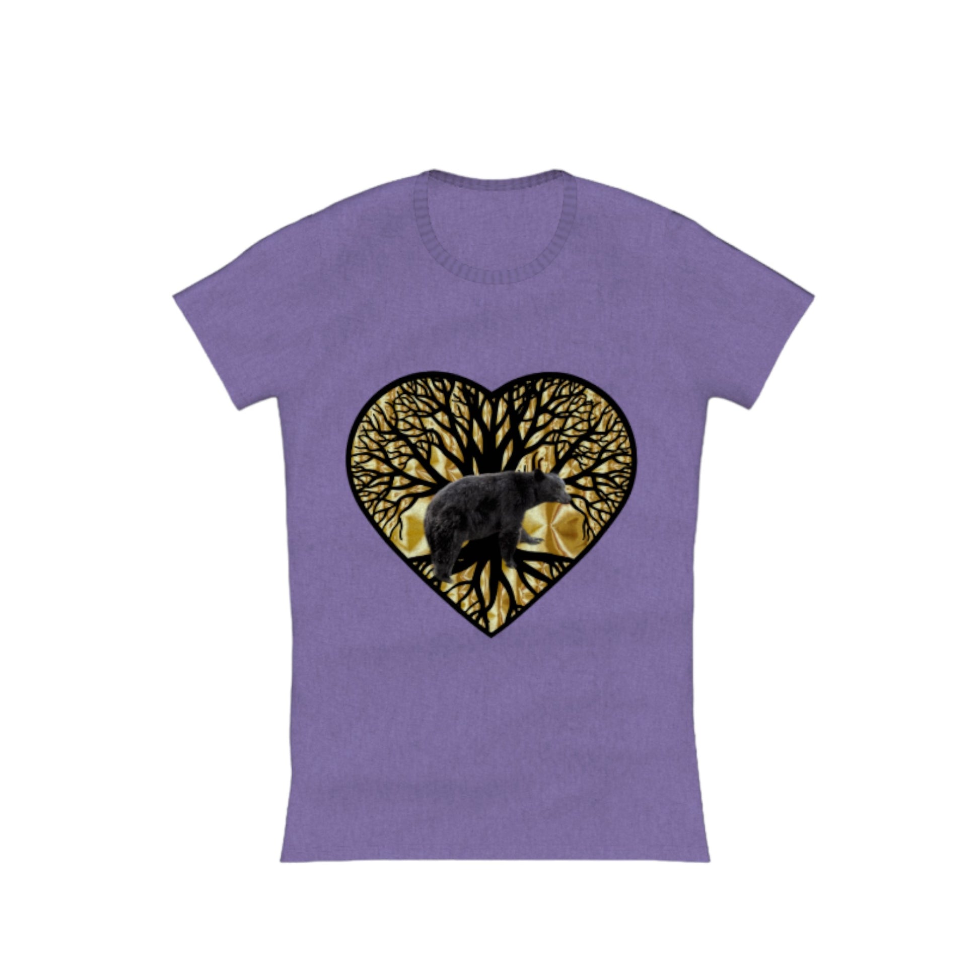 Bear Heart Comfort Slim Fit T-Shirt. The image on the front of the shirt is a heart with a tree of life and a bear and gold background. by van isle goddess dot com