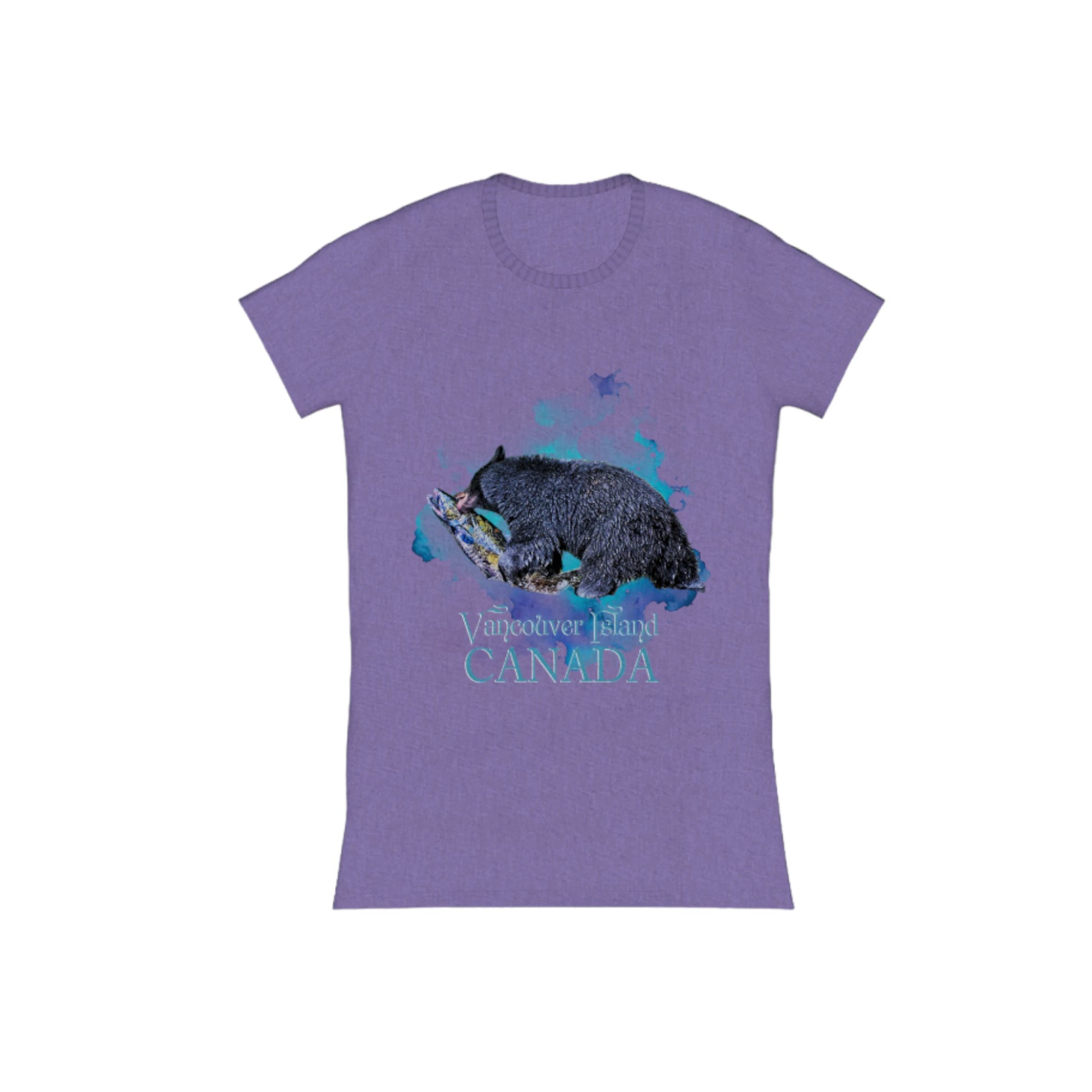 Salmon Bear Vancouver Island Canada Comfort Slim Fit T-shirt  The image is of a bear with a fresh caught salmon in its mouth with a ocean blue abstract background.