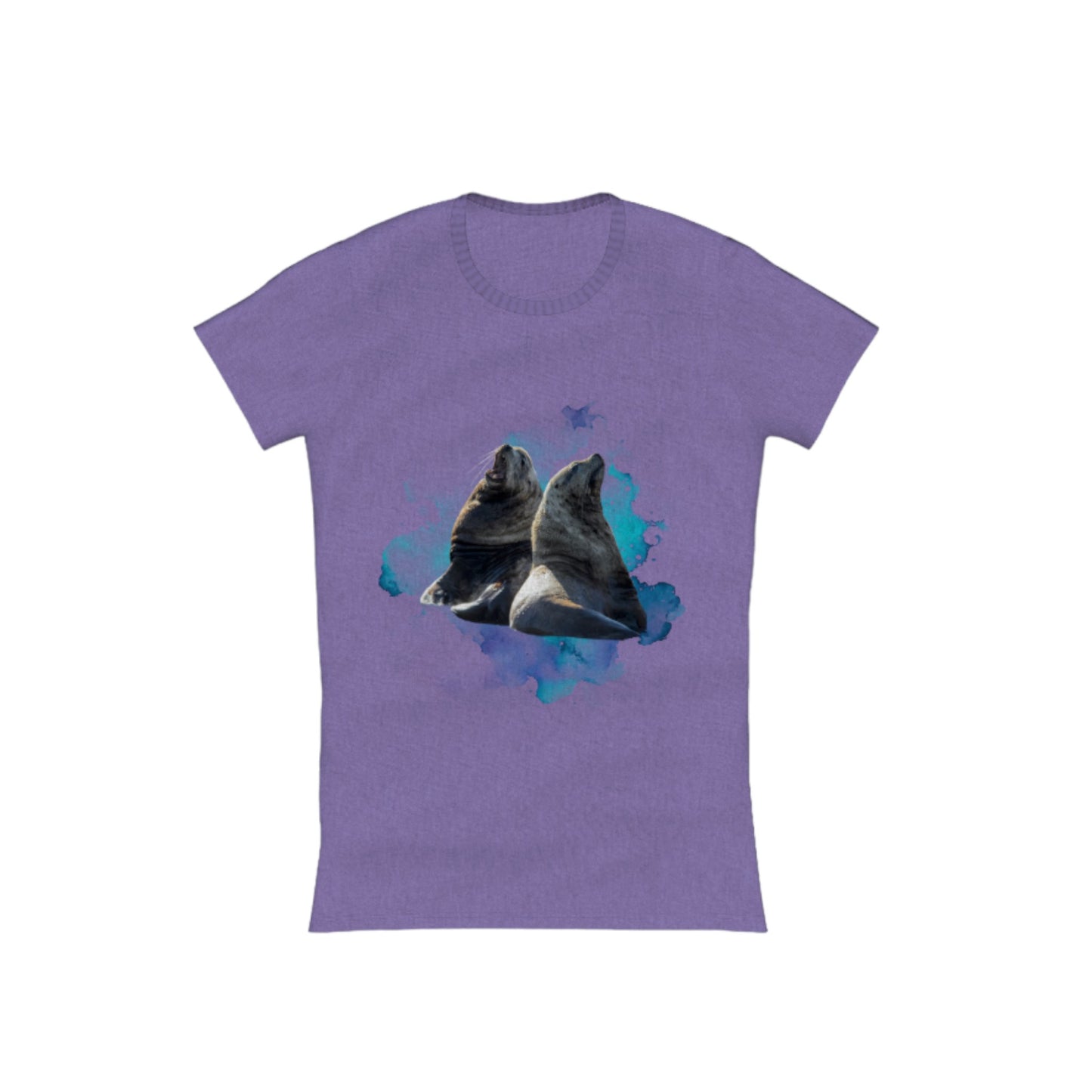 Sea Lions Communication Comfort Slim Fit T-shirt. The image is of two sea lions with a ocean blue abstract background.