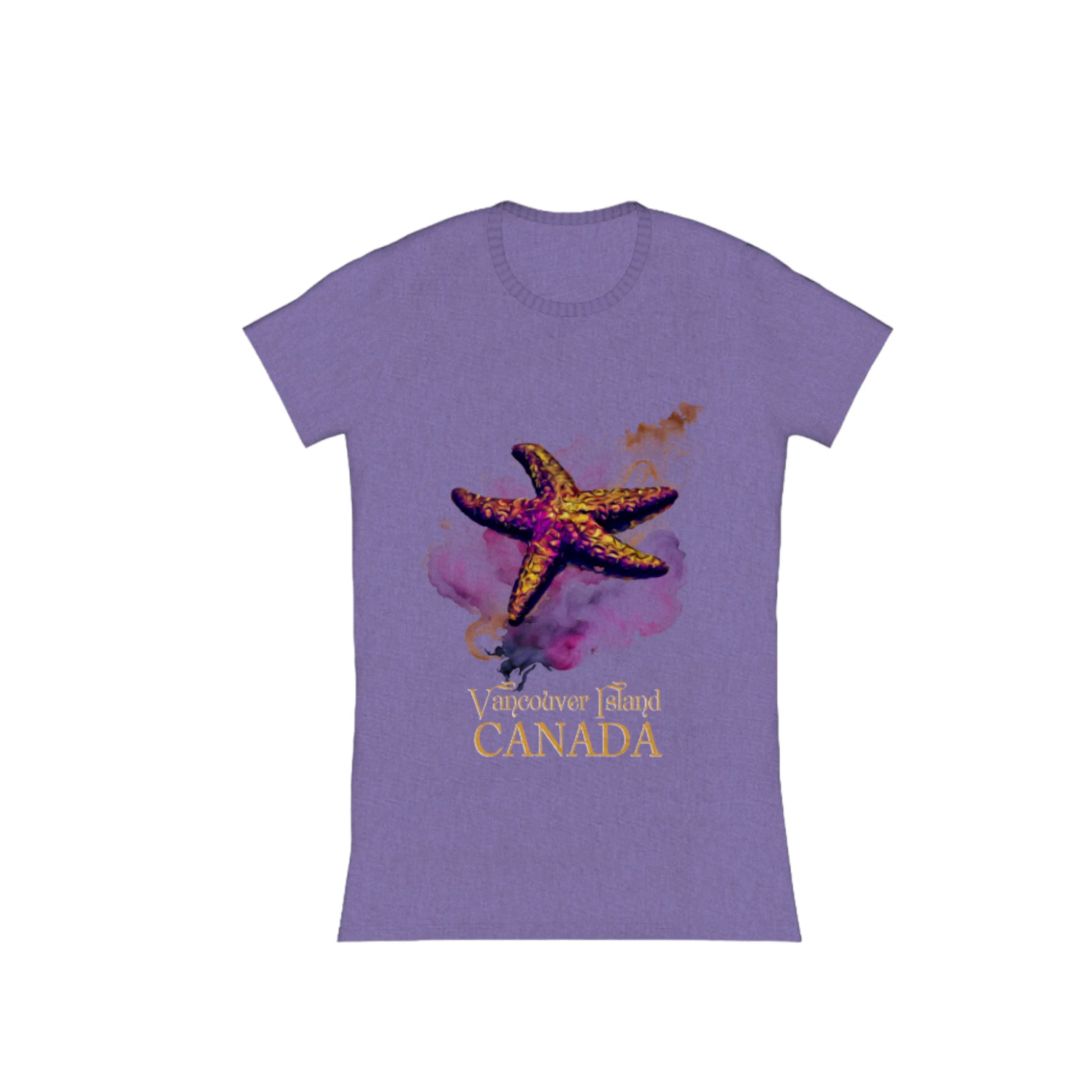 Star Track Vancouver Island Canada Comfort Slim Fit T-shirt. the image on the front of t he shirt is a starfish with a colourful abstract background. the words on the shirt read Vancouver Island Canada
