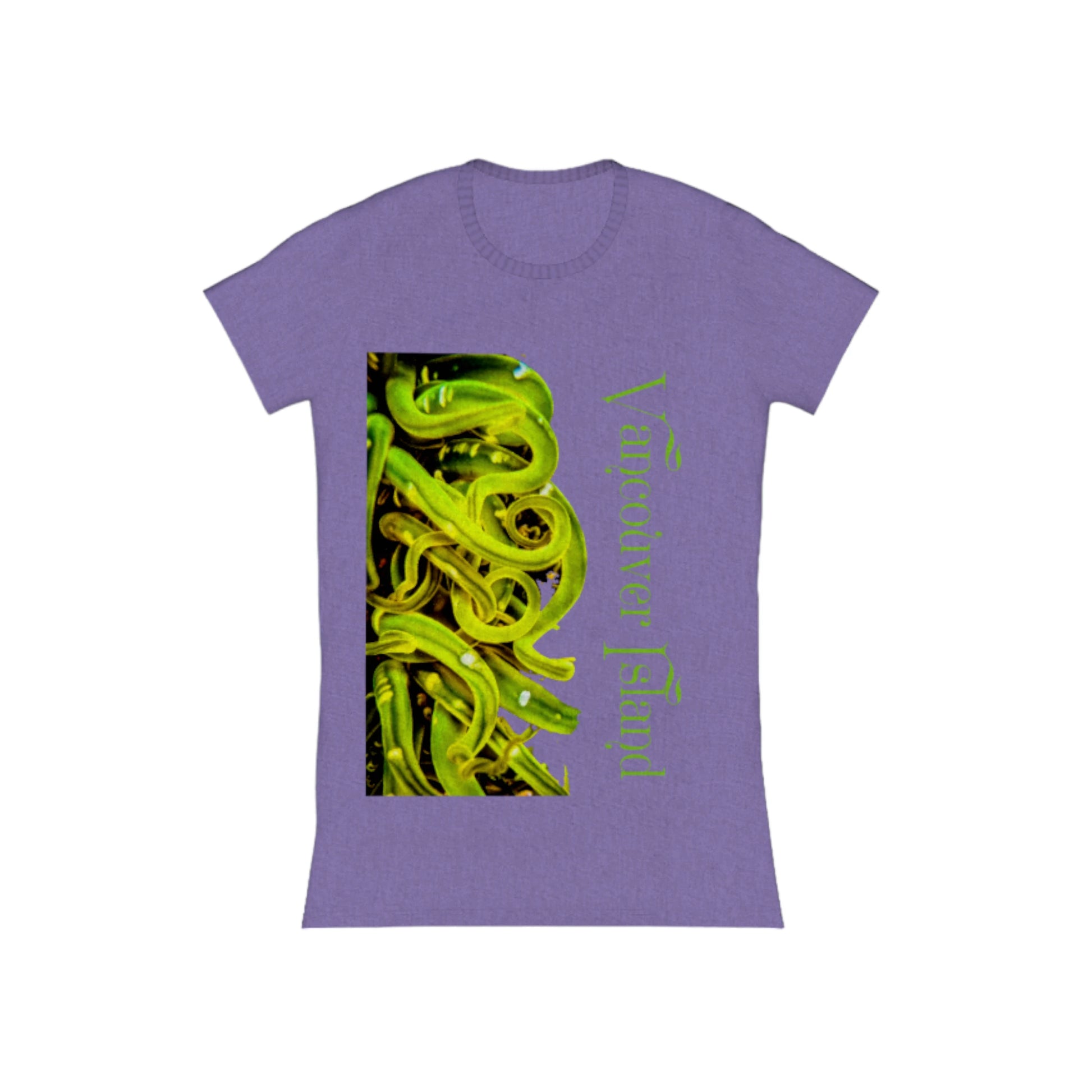 Vancouver Island Sea Anemone Comfort Slim Fit T-shirt. The image is of a green sea anemone under water .  The words read Vancouver Island