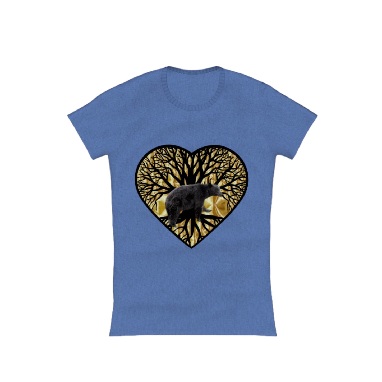 Bear Heart Comfort Slim Fit T-Shirt. The image on the front of the shirt is a heart with a tree of life and a bear and gold background. by van isle goddess dot com