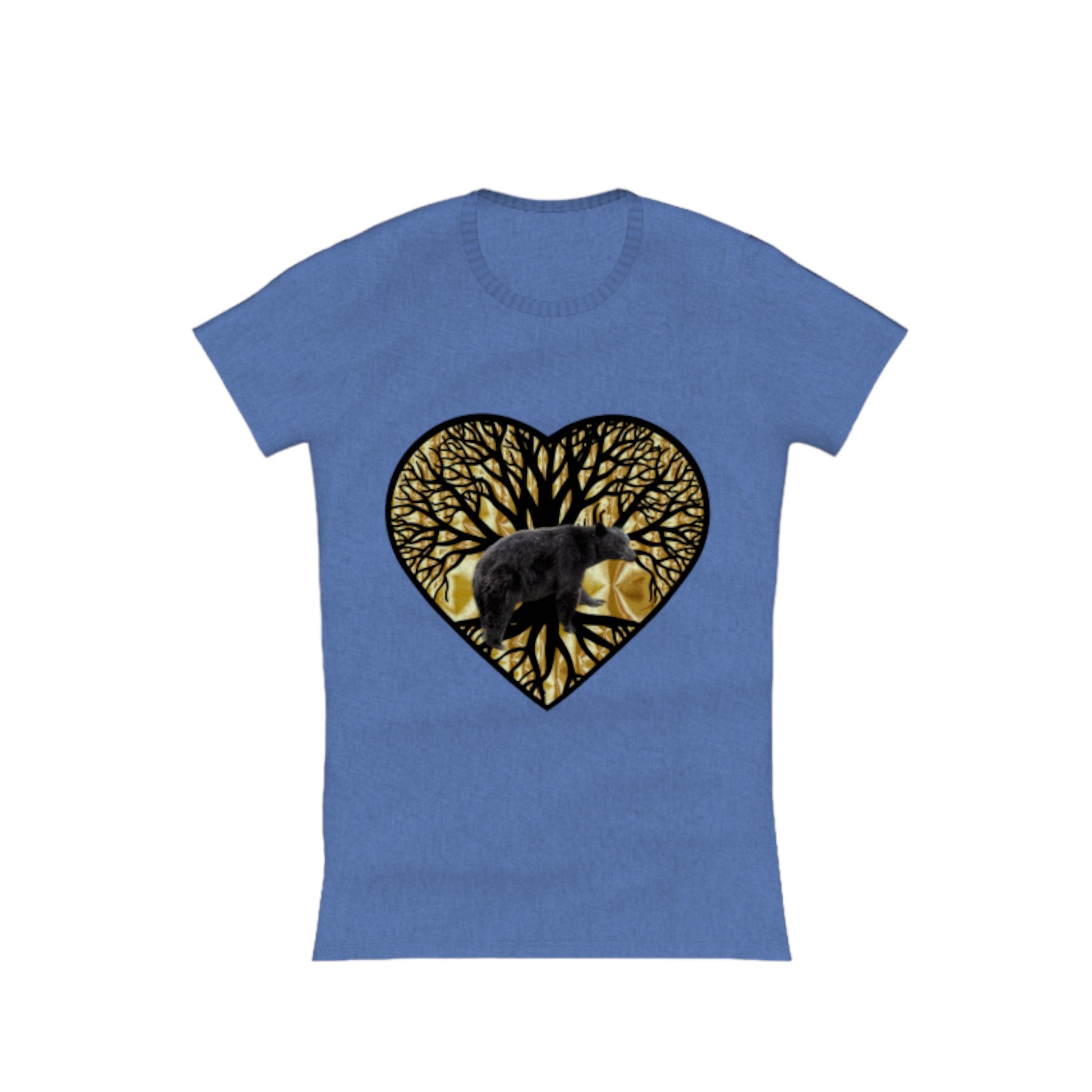 Bear Heart Comfort Slim Fit T-Shirt. The image on the front of the shirt is a heart with a tree of life and a bear and gold background. by van isle goddess dot com