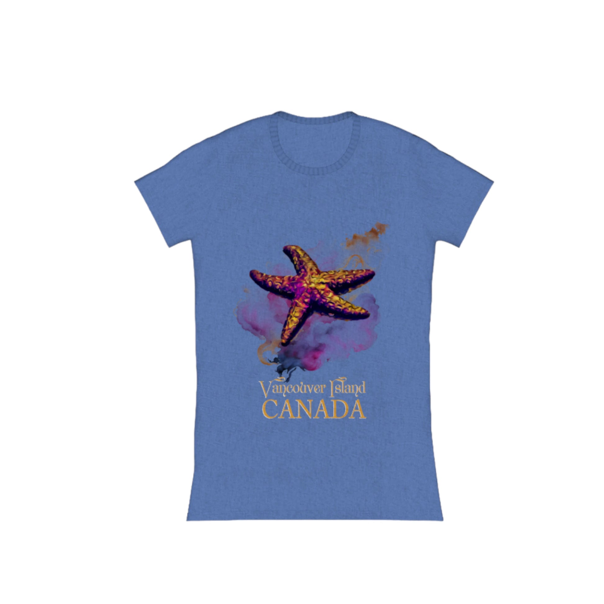 Star Track Vancouver Island Canada Comfort Slim Fit T-shirt. the image on the front of t he shirt is a starfish with a colourful abstract background. the words on the shirt read Vancouver Island Canada